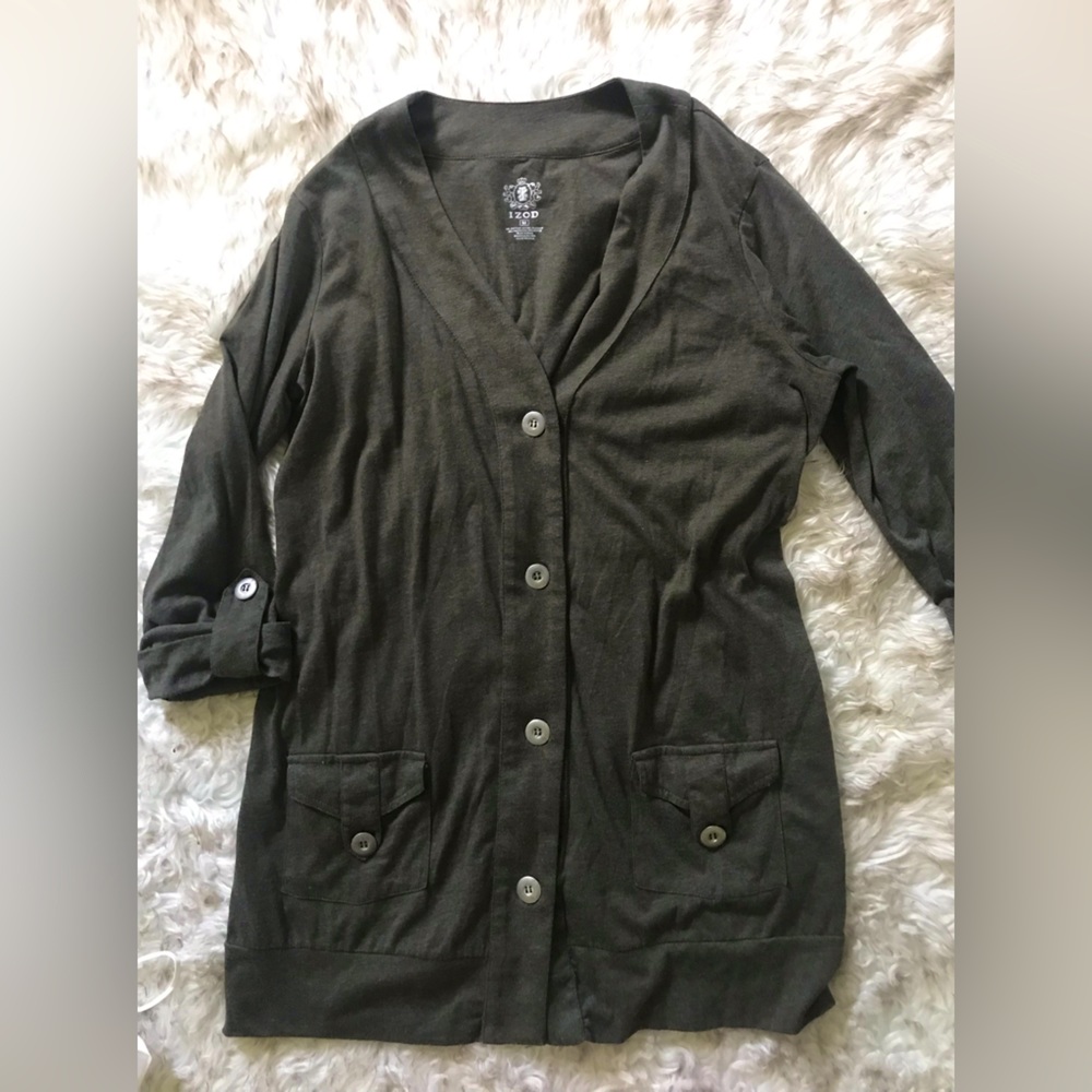 Izod woman’s long cardigan sage green cotton